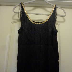 ROARING 20S GIRL ,GO GO 60S GIRL BLK FRINGEY SWING DRESS XS
